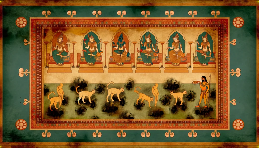 A striking depiction in the classical Indian Hindu art style from the 4th to 14th century AD, illustrating the theme of 'cat litter mold' without any textual elements. The artwork beautifully integrates traditional motifs to represent mold growth in a cat litter scenario, utilizing ancient color palettes and artistic techniques.