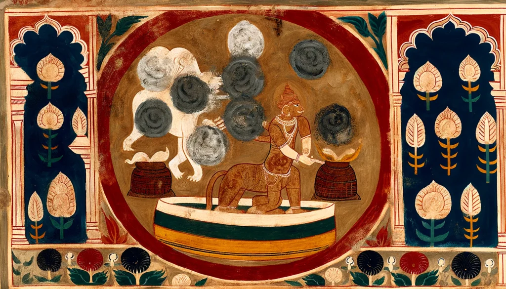 A classical Indian Hindu art style painting depicting a warrior on a cat confronting mold formations. The scene is set within a circular frame, flanked by decorative floral patterns and traditional Indian motifs.