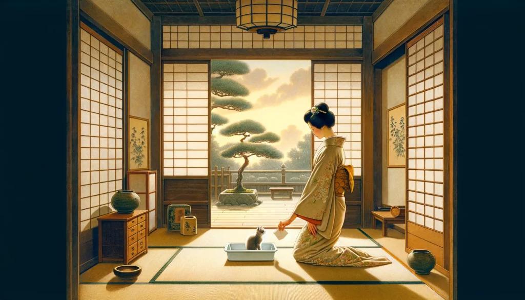 A Nihonga-style painting of a person in a kimono and a kitten by a litter box inside a traditional Japanese home, surrounded by bonsai and a garden view, encapsulating a moment of gentle teaching and harmony.