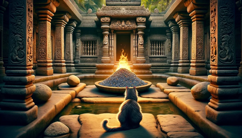 A single cat sits in a meditative pose facing an unlit bonfire made of cat litter within an ancient temple courtyard, embodying serenity and curiosity.