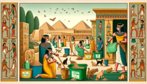 Ancient Egyptians in Ptolemaic art style using eco-friendly methods to dispose of cat litter without plastic bags, surrounded by traditional architecture.