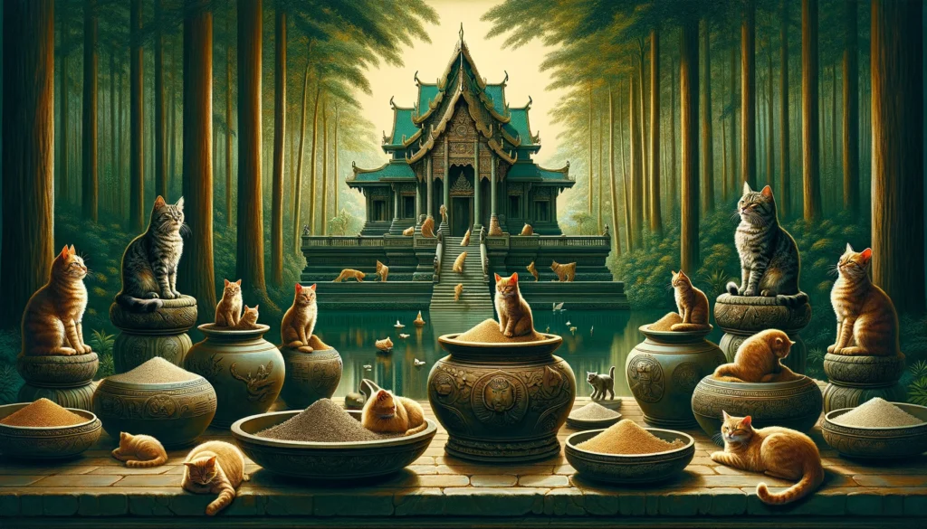 In a scene inspired by Hindu-Buddhist tradition, cats rest among pottery near a temple, embodying the peace and sanctity of the surrounding verdant forest.