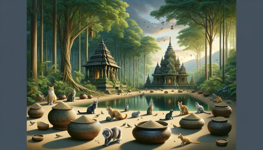 An array of cats serenely coexisting with the spiritual aura of a Hindu-Buddhist temple, surrounded by time-honored pottery and the lushness of an ancient forest.