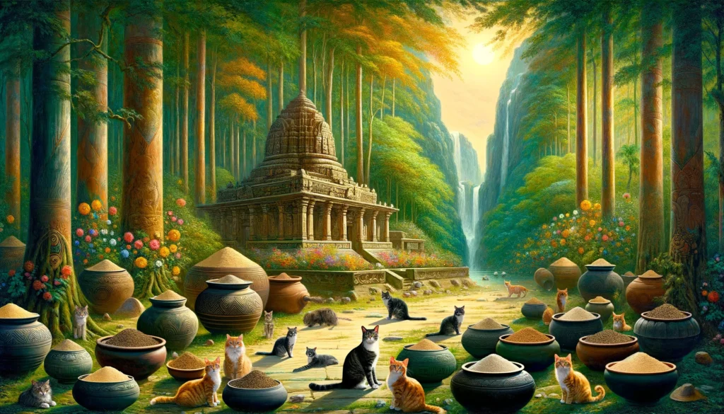 Traditional Hindu-Buddhist forest temple scene with cats among pottery, symbolizing the serene integration of spiritual life and natural beauty.