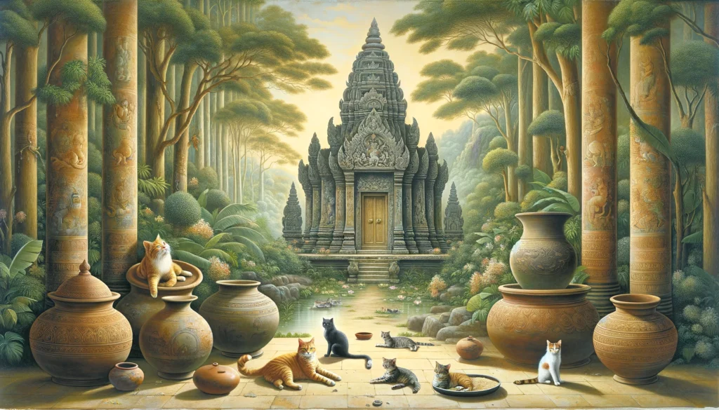 In a tranquil Hindu-Buddhist temple setting, cats relax among intricately designed pottery, symbolizing a harmonious blend of nature, spirituality, and ancient culture.