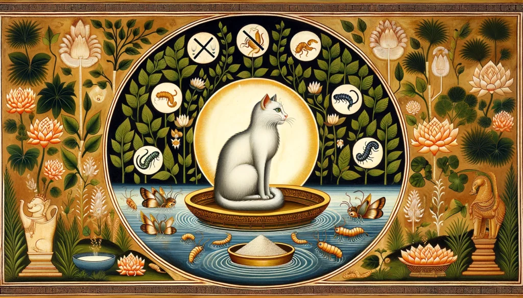 A cat in a serene setting inspired by Classical Indian Hindu art, symbolizing cleanliness and care.