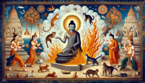 A classical Hindu-Buddhist art style depiction of the concept of cat litter's flammability, featuring stylized elements of fire, cats, and traditional motifs without any text.