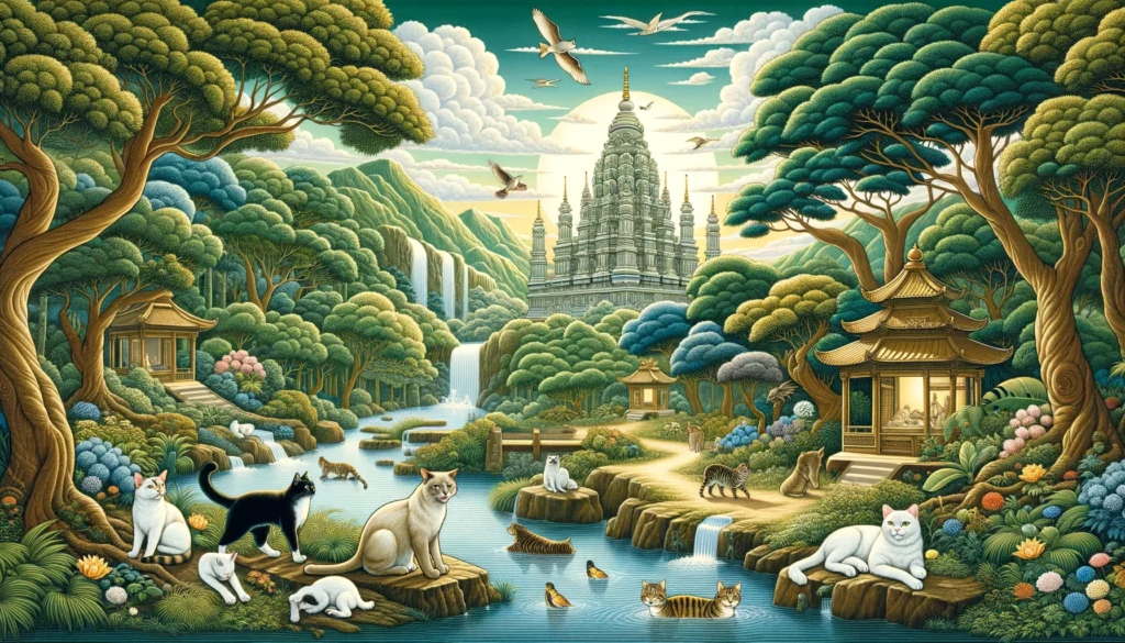 Peaceful Classical Hindu-Buddhist art scene with cats and natural elements, depicting recovery and tranquility after medical care.