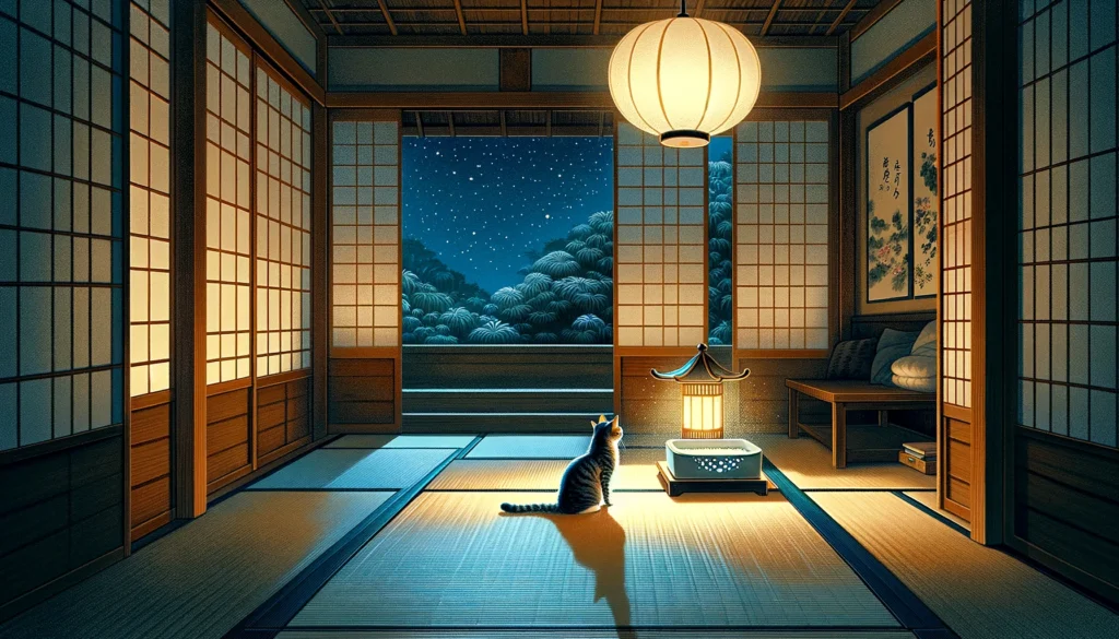 Cat explores litter box by night in traditional Japanese room.