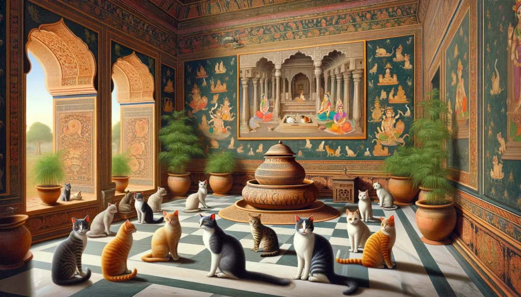 Classical Indian art of cats around a litter box in an ancient palace.