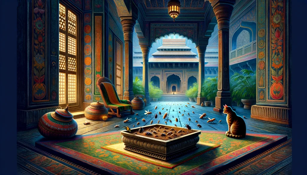 A cat observing insects near a symbolic container in an ancient, mystical indoor setting, depicted in Classical Indian Hindu art style.