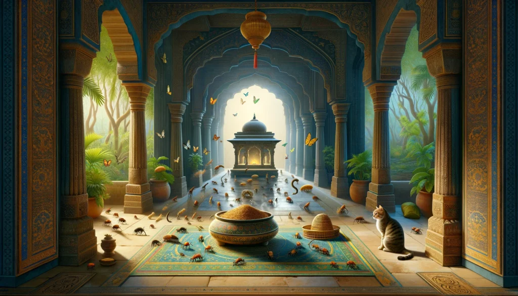 A serene Classical Indian Hindu art depiction of a cat observing insects near a container inside an ancient building.