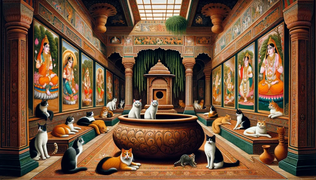 Indoor scene with cats around a pottery litter box in a Classical Indian palace.