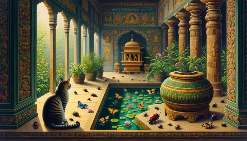 Classical Indian Hindu art style scene with a cat and insects around a container in an ancient building.