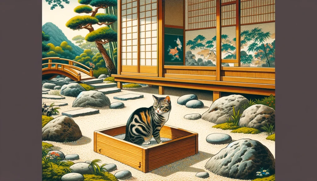 Cat confidently using litter box in Japanese garden.