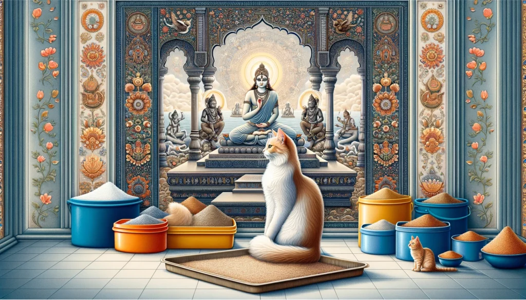 Cat contemplating cat litter changes in Classical Indian art style