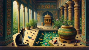 Classical Indian Hindu art style scene with a cat and insects around a container in an ancient building.