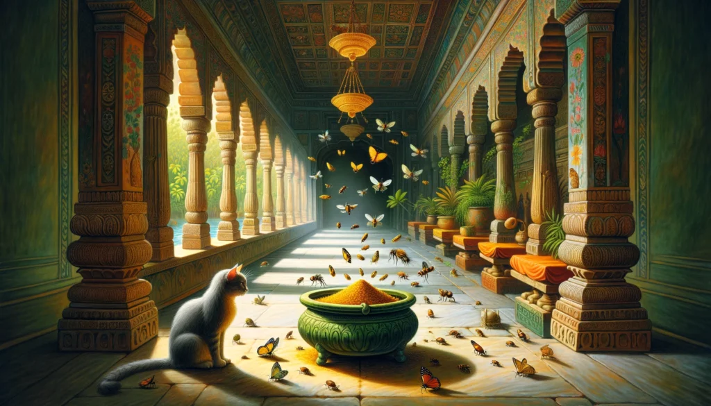 Classical Indian Hindu art scene of a cat amidst an ancient building, observing insects near a symbolic container.