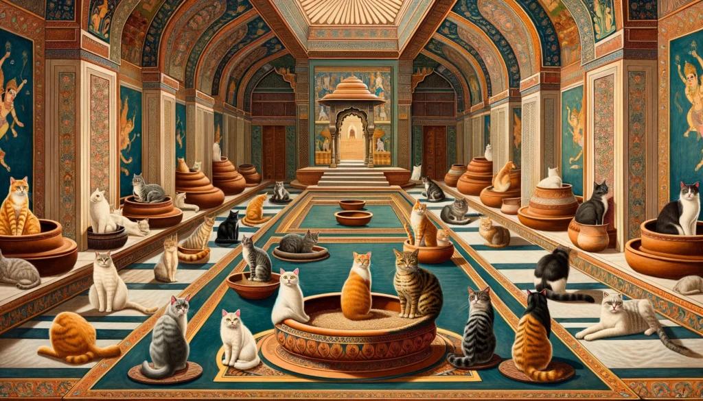 Classical Indian Hindu art scene of cats around a litter box indoors.
