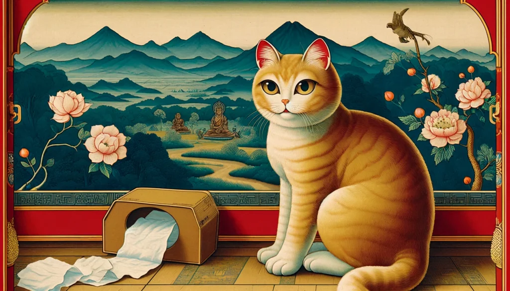 Cat near paper litter in classical Hindu-Buddhist art style.