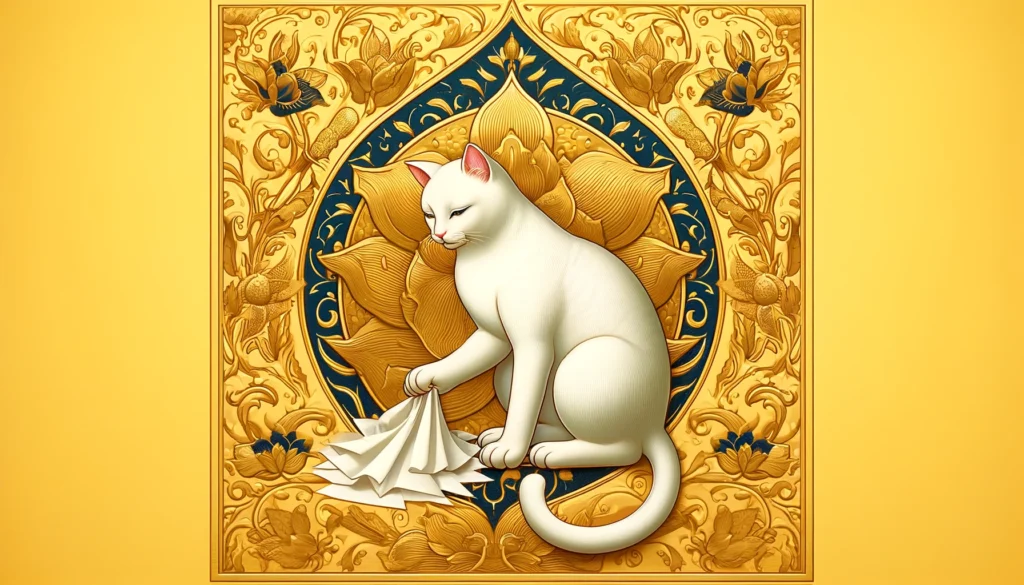 Cat using paper litter in classical Hindu-Buddhist art.