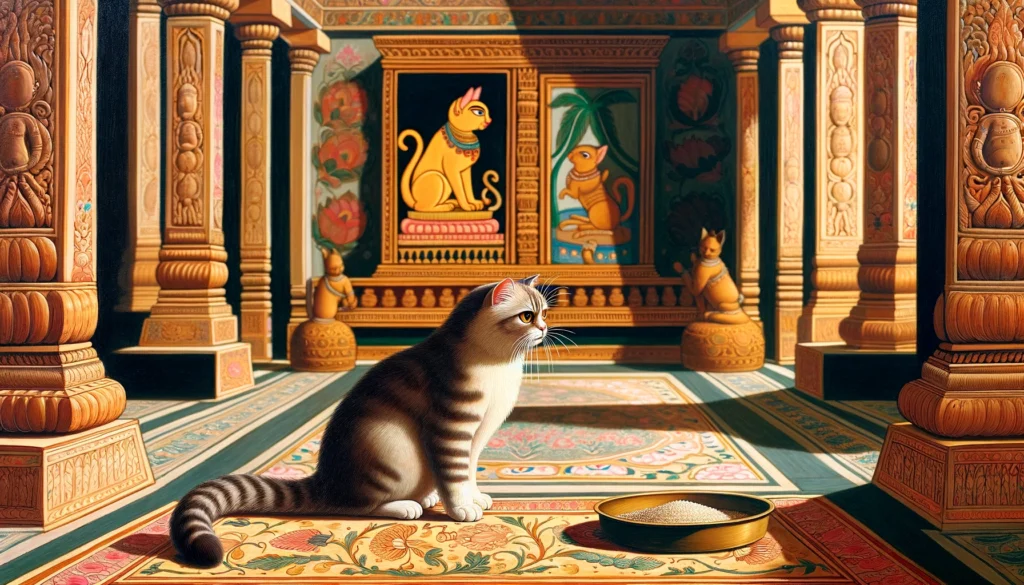 Classical Indian art depicting a cat exploring new litter, highlighting potential health concerns.