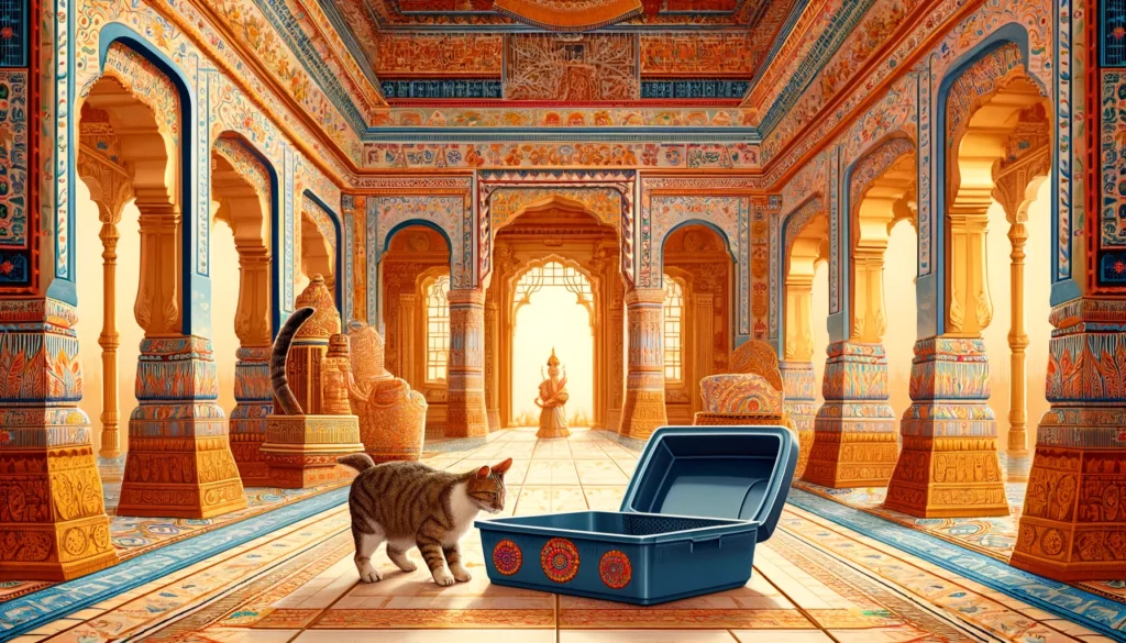 Classical Indian Hindu art style cat examining litter box.