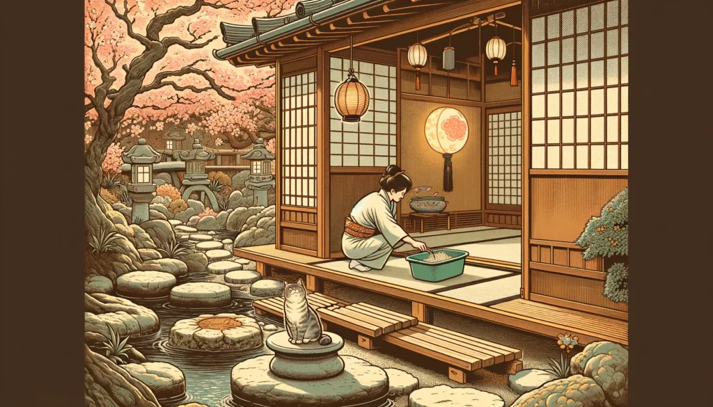 Cat and owner adjust litter depth in a Japanese garden with Nihonga elements.