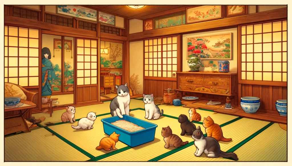 Kittens learn litter depth from an elder cat in a traditional Japanese room.