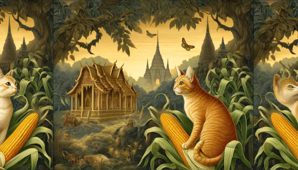 Classical Hindu-Buddhist art of cat amidst corn