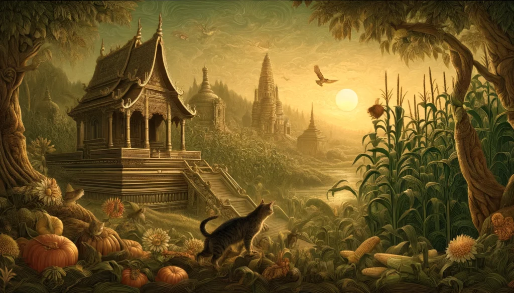 Serene cat amidst corn in Hindu-Buddhist artwork