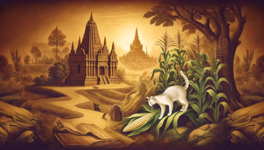 Cat resting near corn in Hindu-Buddhist art