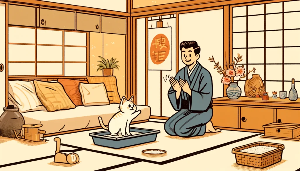 A joyful celebration in a Japanese home as an adult cat confidently uses the litter box, watched by a happy human figure.