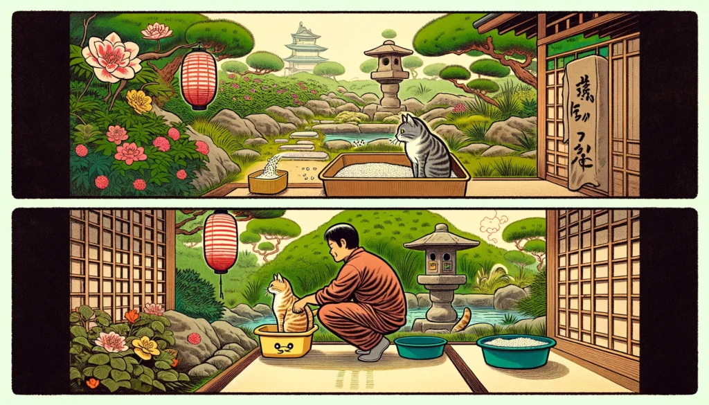 In a tranquil Japanese garden, an adult cat uses a litter box, watched by an encouraging human figure.