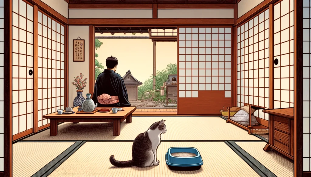 In a traditional Japanese tea room, an adult cat sits serenely next to a litter box, sharing a calm moment with a human figure.