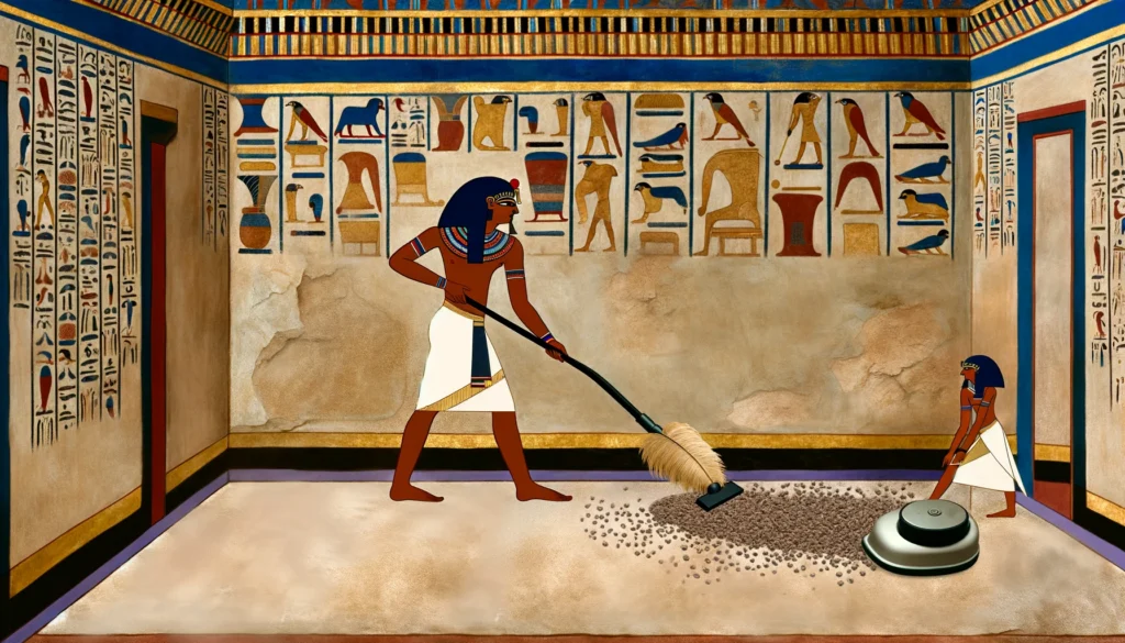 Noble Egyptian using an ostrich feather to clean cat litter.