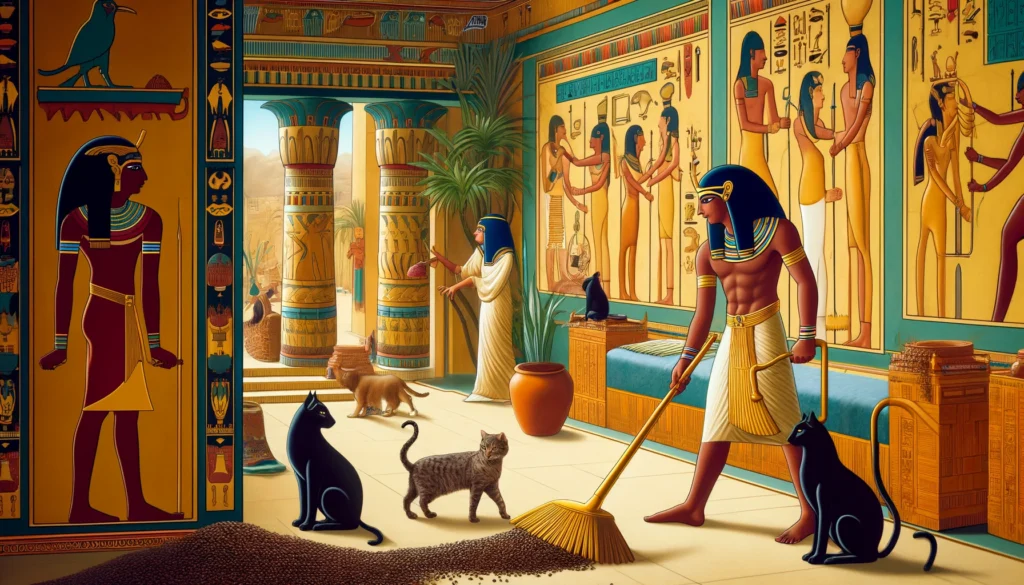 Ancient Egyptian nobility vacuuming cat litter with cats around.