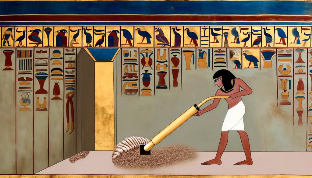 Noble Egyptian using an ostrich feather to clean cat litter.