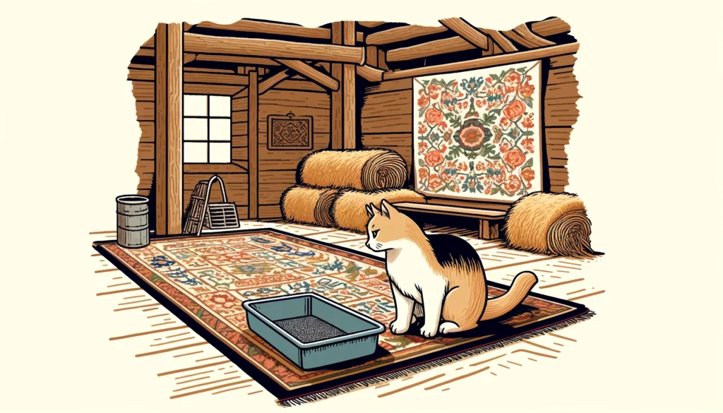 Barn cat contemplating a litter box in an Ottoman art style barn.