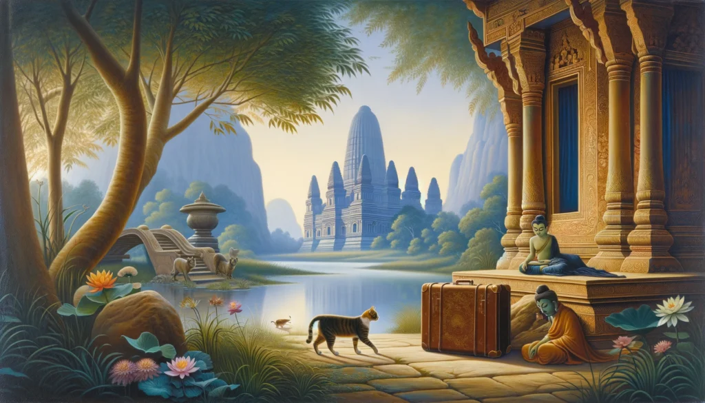 Cat quietly exploring near luggage in a Classical Hindu-Buddhist art boarding gate preparing for a trip on a plane.