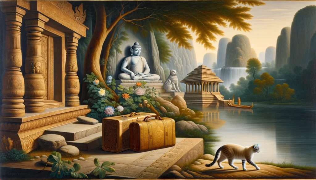 Cat near luggage in Classical Hindu-Buddhist baggage check in counter. Preparing to get on a plane by using the pet relief area.