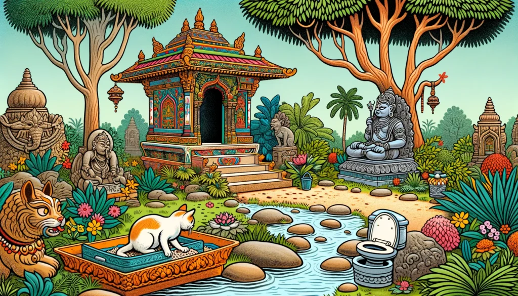 A cat inspecting flushable cat litter near an ornate toilet in a Classical Hindu-Buddhist art style garden.