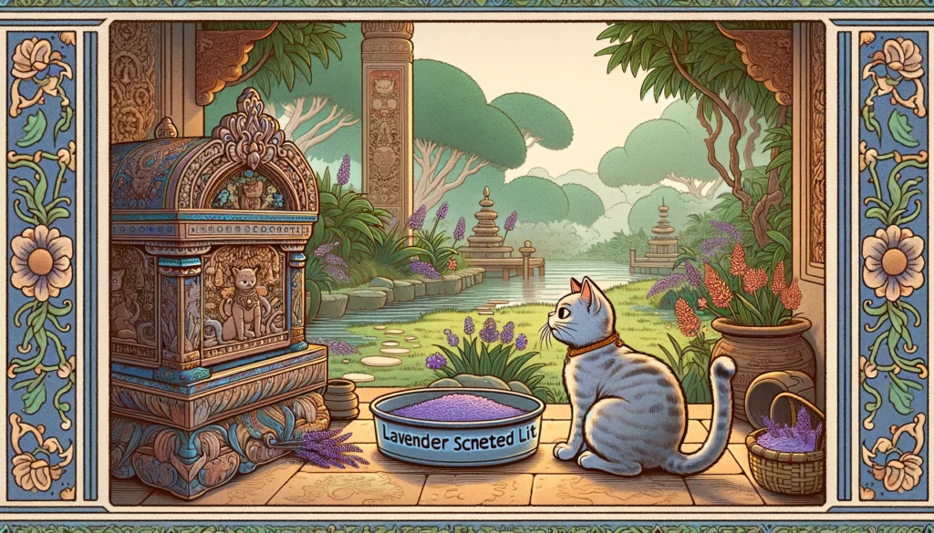 A cartoon cat investigates a traditional Hindu-Buddhist styled litter box amidst a serene garden.