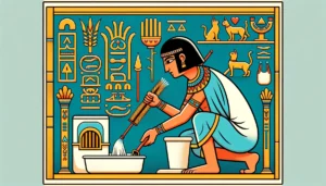 An Egyptian figure cleans a cat litter scoop in a Ptolemaic art style.