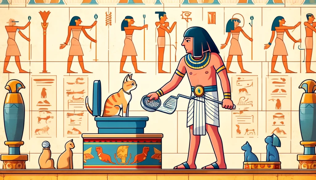 Ancient Egyptian demonstrating how often to clean cat litter box.