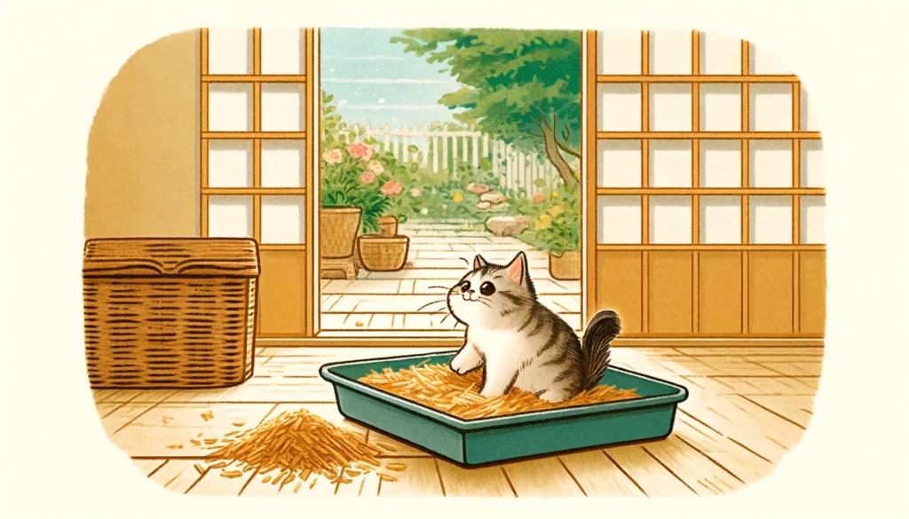 Playful cat interacting with pine shavings in a litter box, set against a peaceful garden in Nihonga style.