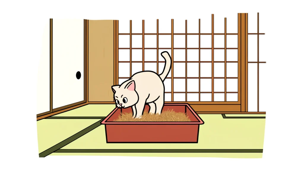 Curious cat sniffing pine shavings in a traditional Japanese setting.