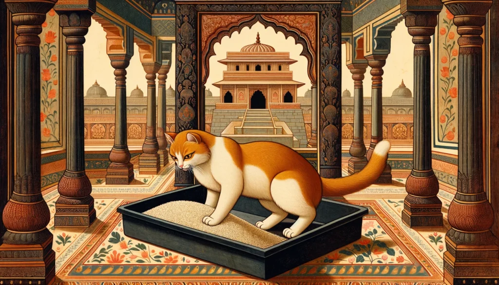 Cat examining rice in a litter box, classical Indian indoor setting.