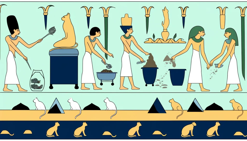 Ancient Egyptians depicted in Ptolemaic art style composting cat litter.