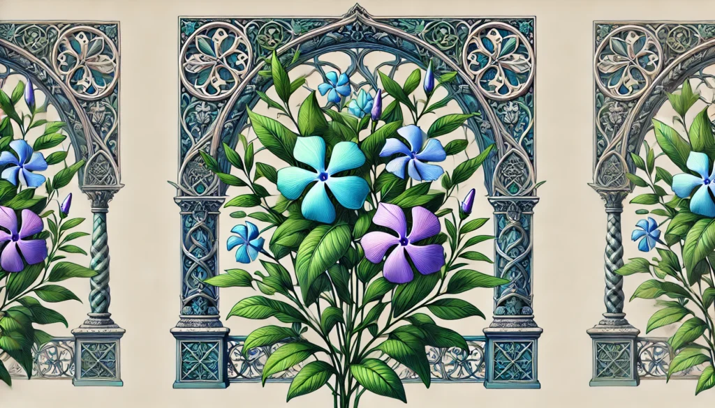 Periwinkle plant with green leaves and light blue-purple flowers in front of intricate gothic architecture.